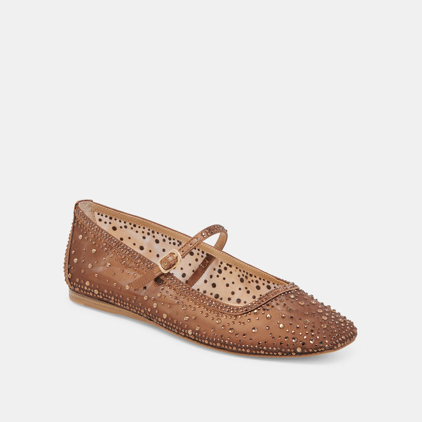 REYES CRYSTAL BALLET FLATS MID BROWN MESH