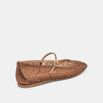 REYES CRYSTAL BALLET FLATS MID BROWN MESH