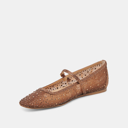 REYES CRYSTAL BALLET FLATS MID BROWN MESH