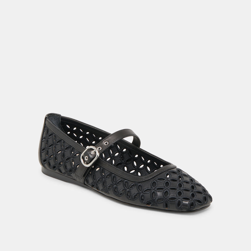 RODNI EYELET PERF BALLET FLATS BLACK LEATHER