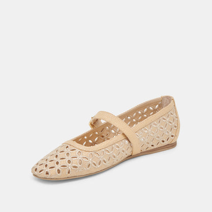 RODNI EYELET PERF BALLET FLATS LT NATURAL WOVEN RAFFIA