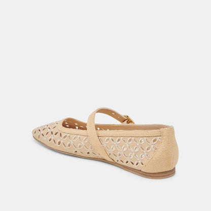 RODNI EYELET PERF BALLET FLATS LT NATURAL WOVEN RAFFIA